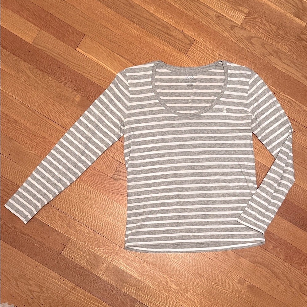 Polo by Ralph Lauren Gray and White Striped Scoop Neck Shirt Size Small